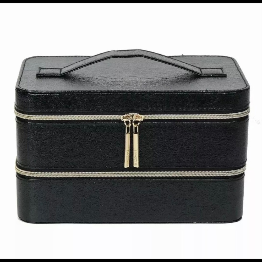 Lancome Large Black Synthetic Leather Train Case Box Organizer, Size 9 x 5.5 x 5